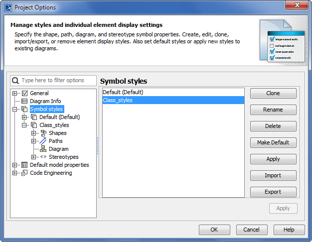 Project Options dialog. Default style of symbol properties