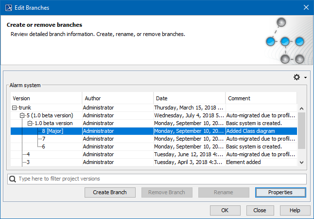 New branch in the Edit Branches dialog