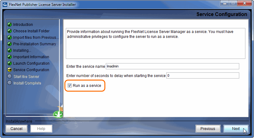 Selecting to run the FlexNet license server as a Windows service