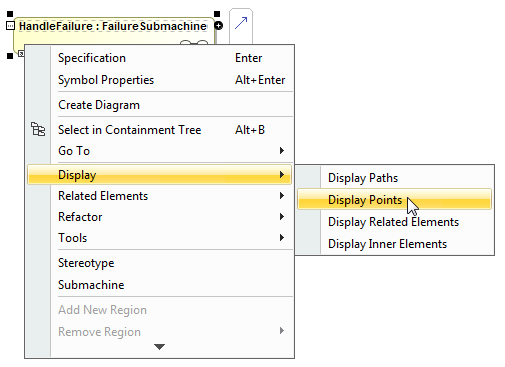 The Display Points command from the shortcut menu of the Handle Failure submachine State.