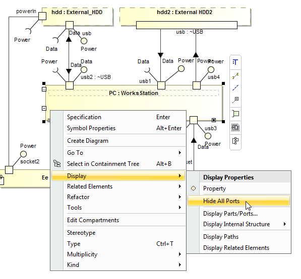 The Hide All Ports command under the Display command group from the shortcut menu of the PC Part shape. 