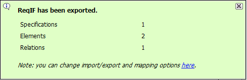 Notification message informing about exported requirements Notification message informing about exported requirements