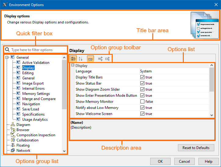 Structure of Environment Options dialog Structure of Environment Options dialog