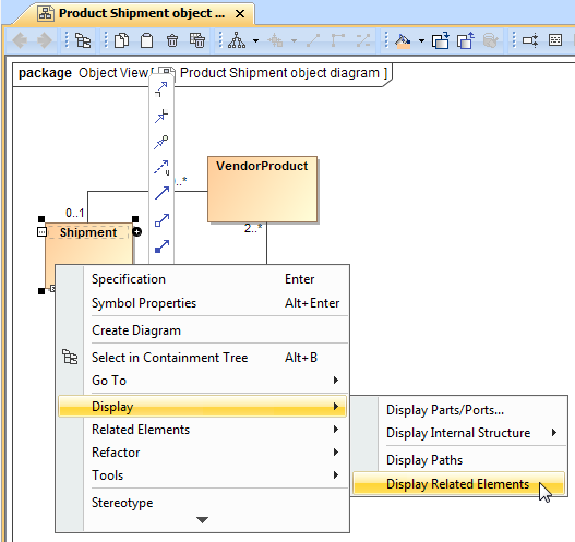 The Display Related Elements command under the Display command group in the shortcut menu of the Shipment Class.