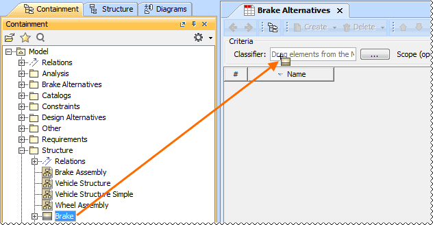 Using drag-and-drop operation to specify classifier for Instance Table