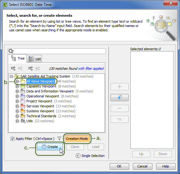 When creating a new date in the Select ISO8601 Date Time dialog, you need to select the package wherein you want to store the new date (b.), turn on the creation mode (a.), and click the Create button (c.). When creating a new date in the Select ISO8601 Date Time dialog, you need to select the package wherein you want to store the new date (b.), turn on the creation mode (a.), and click the Create button (c.).