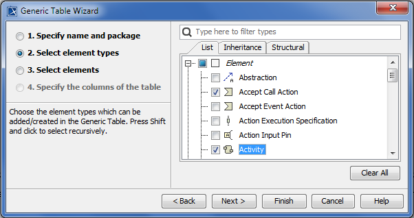 Generic table creation wizard. Selecting element types