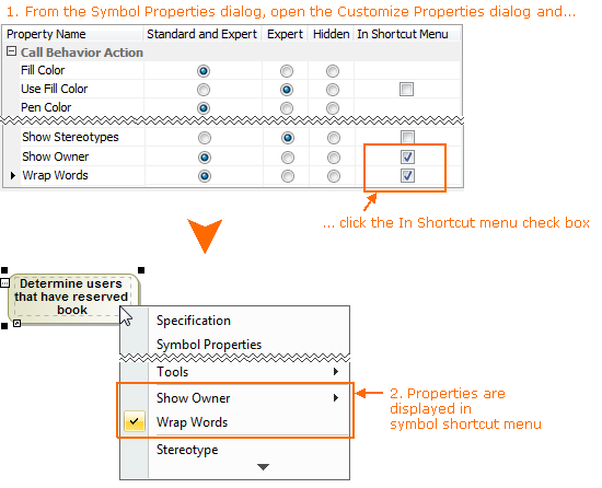 Example of customizing list of symbol properties in symbol shortcut menu