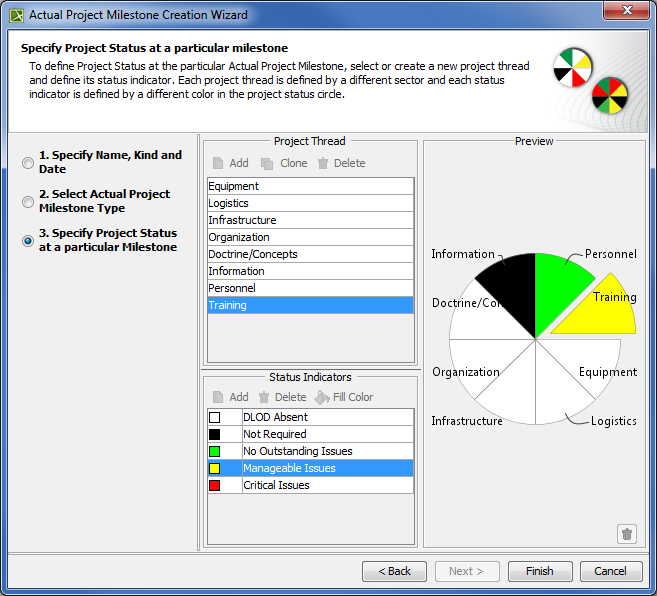 Specifying Project status at a particular Milestone in Actual Project Milestone Creation Wizard