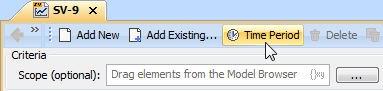 The Time Period button, highlighted in yellow, on the SV-9 table toolbar is used to open the Time Periods dialog.