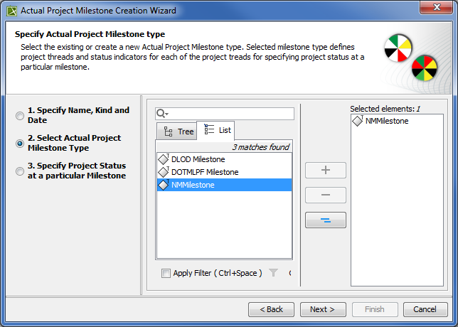 Selecting Actual Project Milestone Type in Actual Project Milestone Creation Wizard