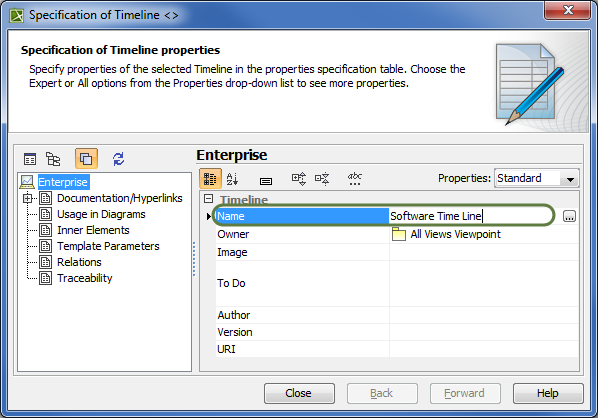 The Specification window of newly created Timeline with Name property specified as Software Time Line.