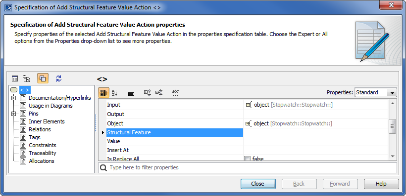 The AddStructuralFeatureValueAction Specification Dialog