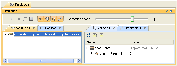 The Simulation Window during the Execution of StopWatch Model from InstanceSpecification