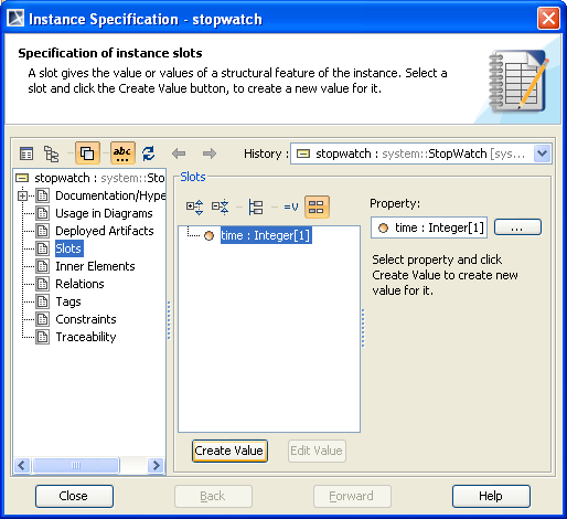 The Specification Dialog of the StopWatch InstanceSpecification