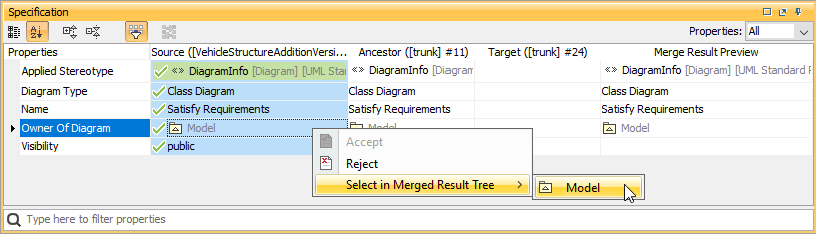 Using property name shortcut menu to navigate from Specification panel to Merged Result tree