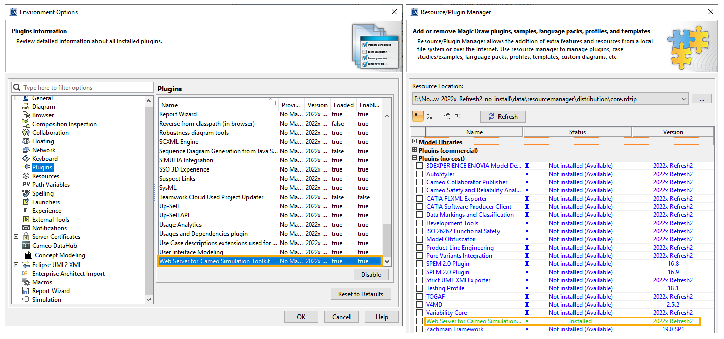 Cameo Simulation Toolkit 2022x Refresh2 > Web Server for Cameo Simulation Toolkit > EnvironmentOptions and Plugin Manager.png