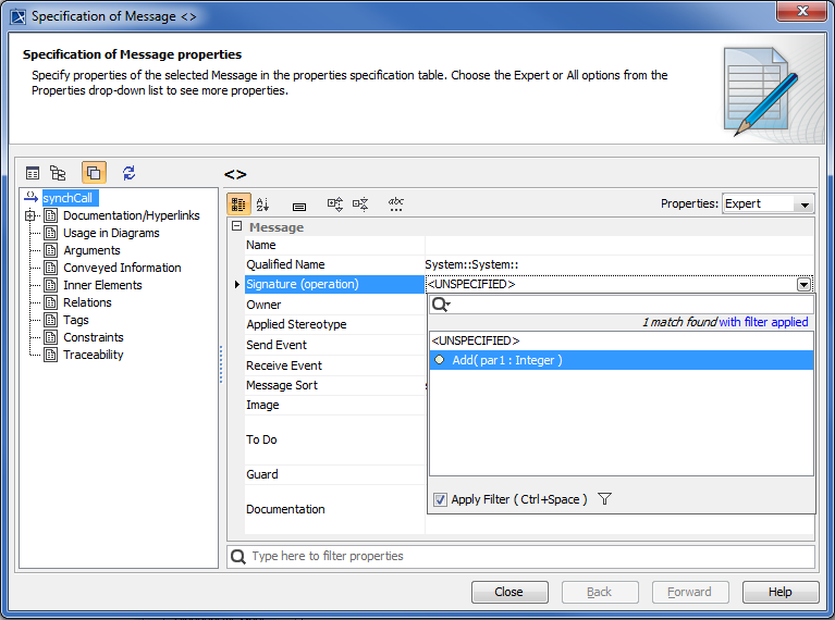 Selecting Add Operation as the Signature (operation) of the Call Message