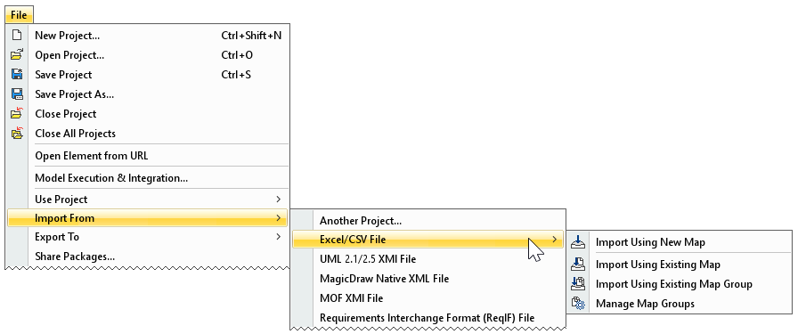 MagicDraw 2024x > Importing data from Excel or CSV files > Import_commands.png