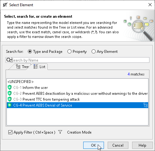 Cameo Safety and Reliability Analyzer 2024x > TARA > 2 SelectExistingCybersecurityGoalWindow.png