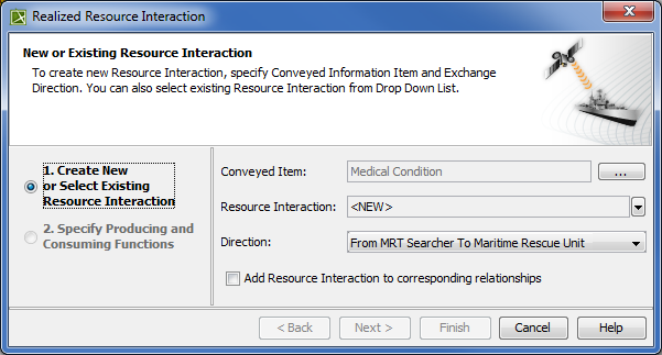 Creating a new or selecting an existing Resource Interaction in Realized Resource Interaction wizard