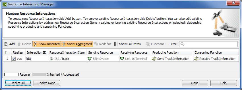 Resource Interaction Manager dialog
