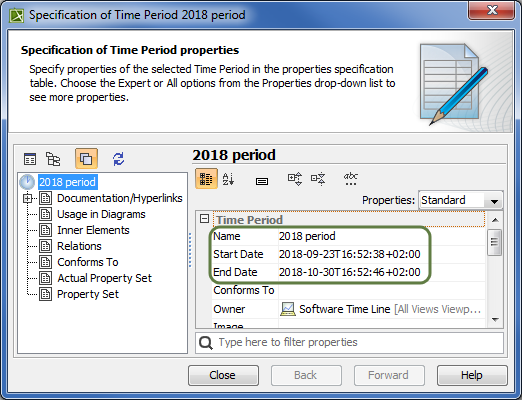 The Specification window of the newly created Time Period with its Name, Start Date, and End Date properties defined.