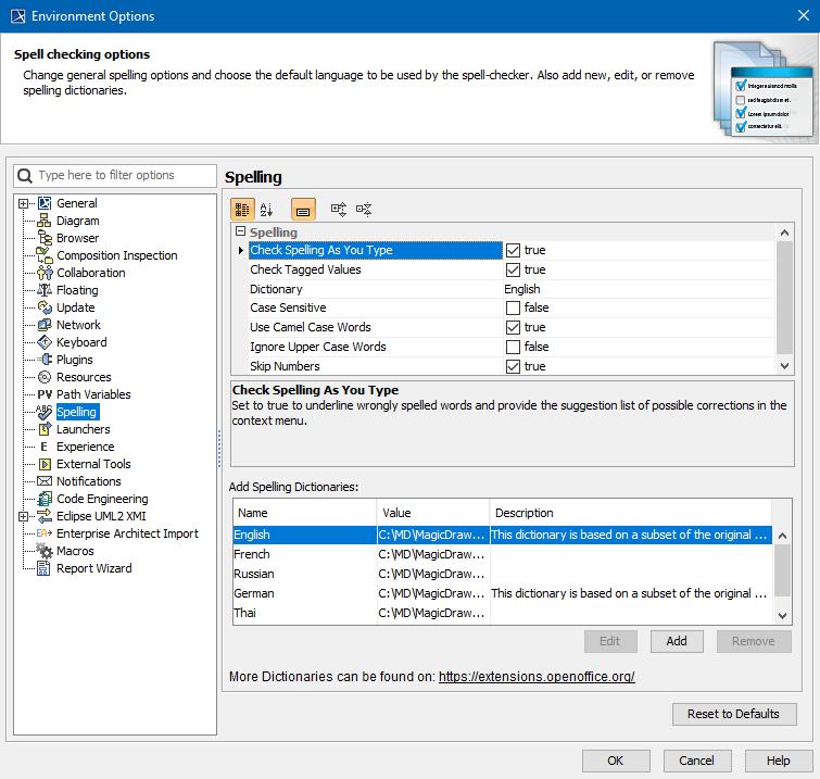 Setting The Spell Checking Options - MagicDraw 2024x Refresh2 - No ...