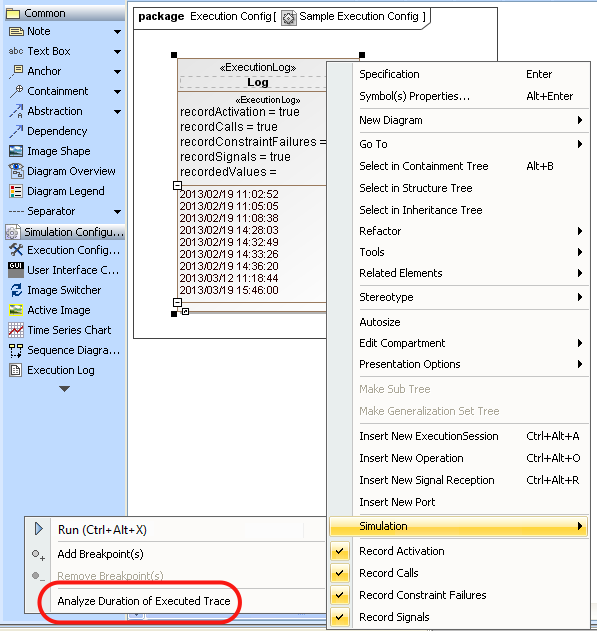 Analyze Duration of Executed Trace Menu on the Simulation Log Context Menu