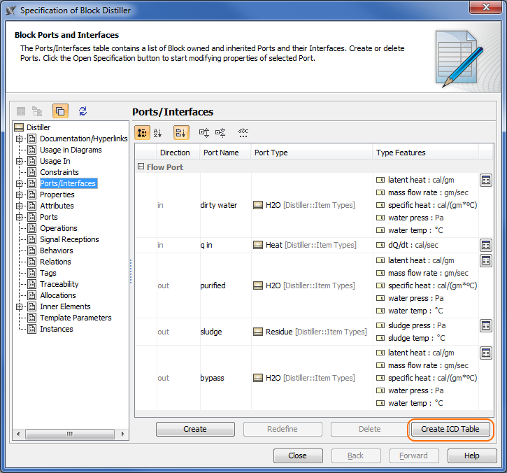 Create ICD Table button in the Specification window