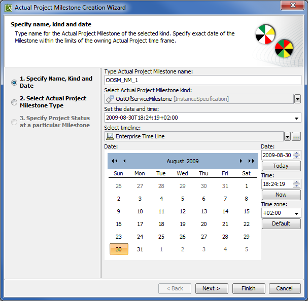 Specifying milestone name, kind, and date in Actual Project Milestone Creation Wizard
