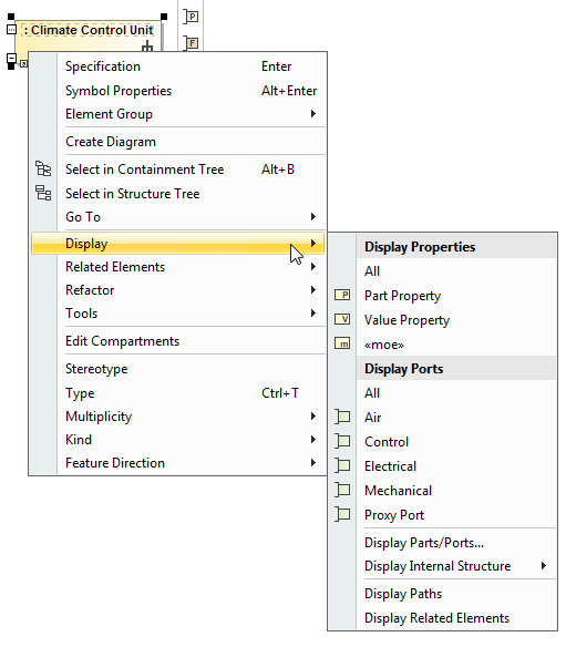 The Display command group menu allows to display properties and ports of the Climate Control Unit Part Property shape.