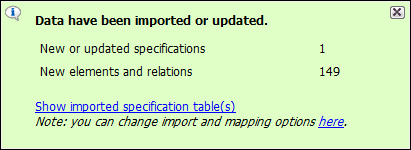 Notification message informing about imported requirements 