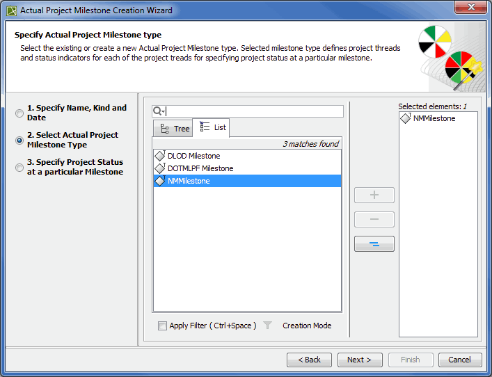 Selecting Actual Project Milestone Type in Actual Project Milestone Creation Wizard
