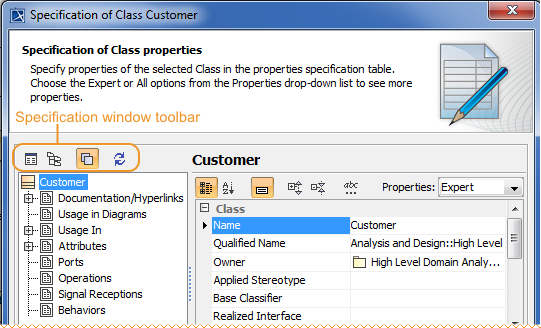 Specification window toolbar
