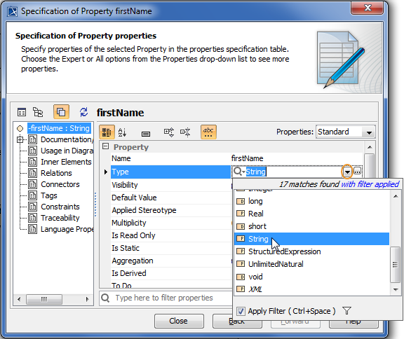 Selecting single property value from predefined (auto-completion) list in Specification window