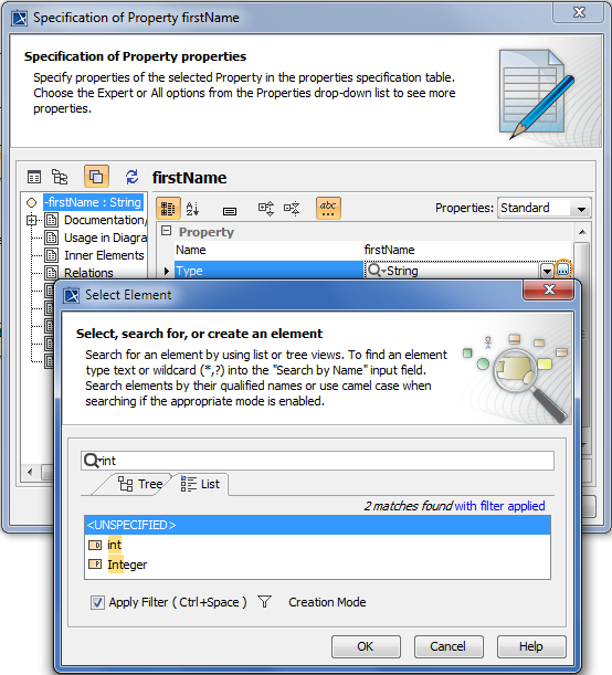 Selecting single property value in Select Element dialog