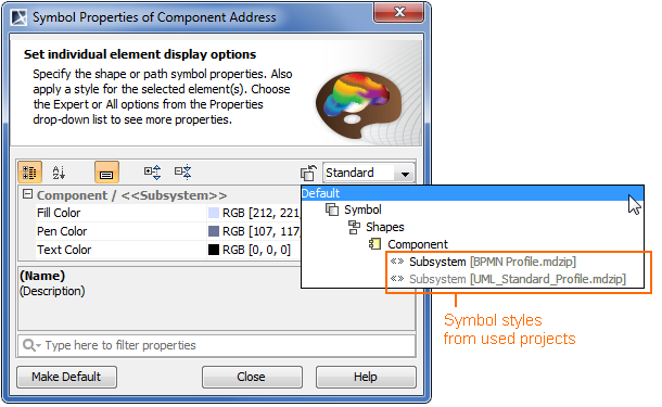 Example of symbol styles from modules that are displayed in the Symbol Properties dialog