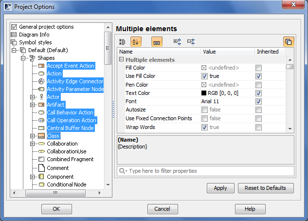 The Project Options dialog, multiple element symbols style is selected