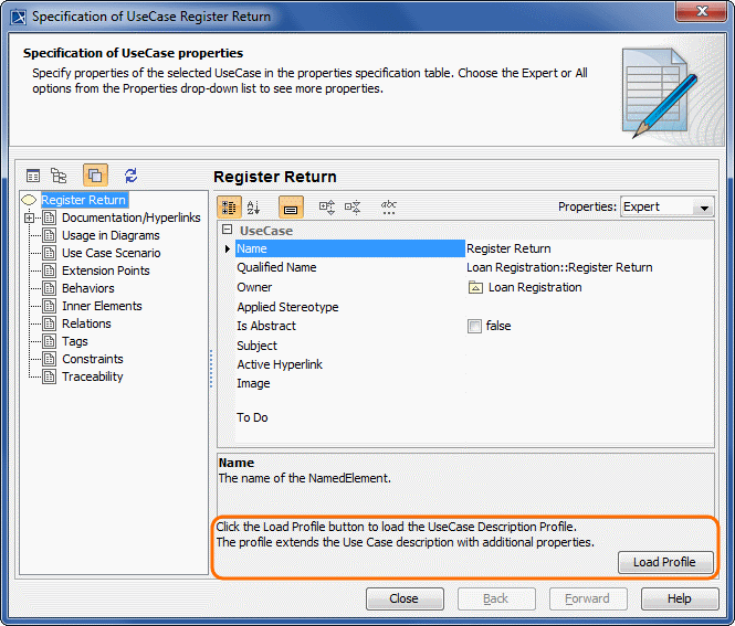 oad Profile button in Use Case Specification window