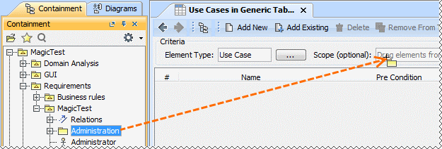 Using drag-and-drop operation to specify scope for generic table