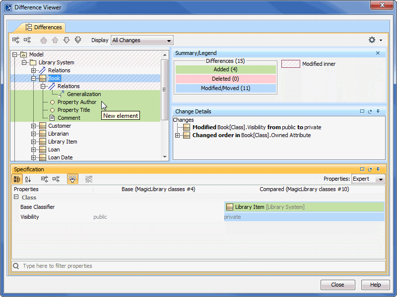 Differences between version 4 and 10 of the class Book in the Difference Viewer dialog