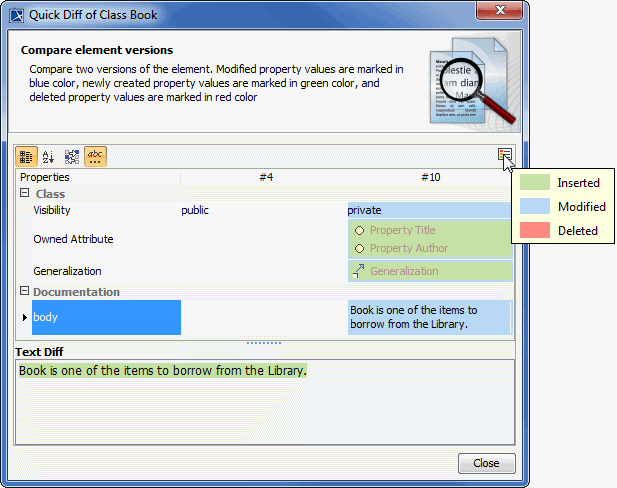 Differences between version 4 and 10 of the class Book in the Quick Diff dialog