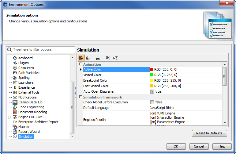 Customizing Simulation Options in the Environment Options Dialog