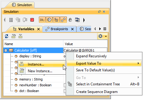 Exporting a Runtime Valuetoan Existing Instance through the Context Menu