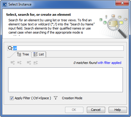 Selecting an InstanceSpecification in the Select Instance Dialog