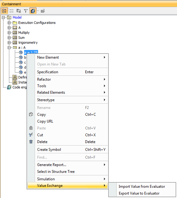 The Context menu to Exchange Values with the Parametric Evaluator