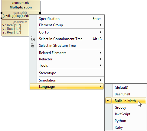 Selecting the Language for Expressions in the Context Menu