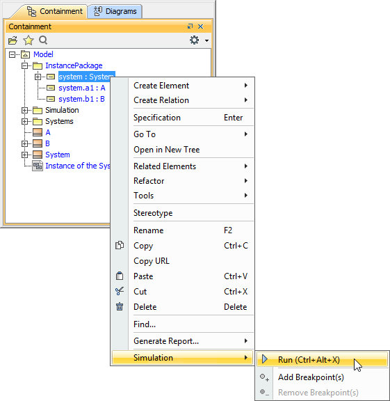 Executing the Instance Specification Sys Simulation through the Context Menu