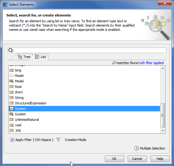 Selecting System Class as the Classifier of the Instance Specification Sys in the Select Elements Dialog